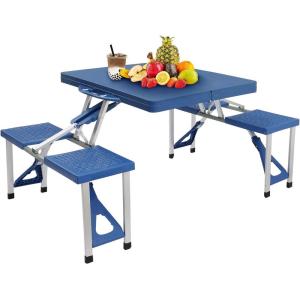 imageOutvita Portable Picnic Table with Seats Folding OnePiece Dining Table Set with Suitcase Umbrella Hole for BBQ Gathering Travel Party Beach PatioBlue