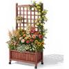 imageOutvita Mobile Wood Planter Box with Trellis amp Locking Wheels Standing Raised Garden Bed with Drainage Holes for Outdoor Climbing Plants Vine Flowers Herbs Cedar Brown