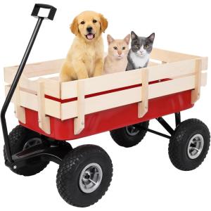 imageOutvita AllTerrain Cargo Wagon with 10 Air Tires Steel Structure Wagon with Removable Wooden Side Panels for Kids Garden and Cargo Up to 220lbs Capacity 38 L x 19 W x 31 H RedRed