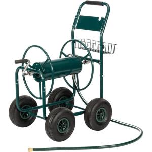 imageOutvita Garden Hose Reel Cart Hold Up to 300 ft of 58 HoseWater Hose Cart with 4 Wheels Heavy Duty Powdercoated Steel with Storage Basket for Garden Yard Lawn Green