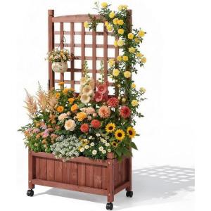 imageOutvita Mobile Wood Planter Box with Trellis amp Locking Wheels Standing Raised Garden Bed with Drainage Holes for Outdoor Climbing Plants Vine Flowers Herbs Cedar Brown