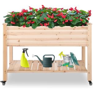 imageOutvita Raised Garden Bed on Wheels Mobile Elevated Wood Planter with Lockable Wheels Woven Fabric Cloth and Storage Shelf for Flowers Vegetables Backyard Balcony
