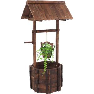 imageOutvita Wooden Planter Wishing Well with Height Adjustable Bucket amp Triangulated Roof for Garden Planter Patio Decoration Yard Ornamental Home Dcor