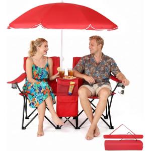 imageOutvita Folding Double Camping Chair wUmbrella Beverage Holder Carrying Bag Cooler Fold Up Table Large Bearing Capacity for Beach Patio Pool Park Outdoor RedRed
