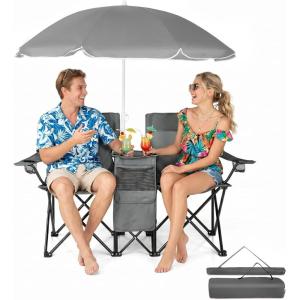 imageOutvita Folding Double Camping Chair wUmbrella Beverage Holder Carrying Bag Cooler Fold Up Table Large Bearing Capacity for Beach Patio Pool Park Outdoor RedGrey