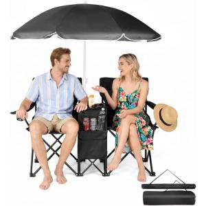 imageOutvita Folding Double Camping Chair wUmbrella Beverage Holder Carrying Bag Cooler Fold Up Table Large Bearing Capacity for Beach Patio Pool Park Outdoor RedBlack