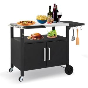 imageOutdoor Grill Cart with Storage Outdoor Grill Table with Spice Rack Lockable Wheels amp Stainless Steel Top Rolling Bar Cart Outdoor BBQ for Patio Family Home Party Bar Single Door BlackSilver With 2 Door Storage Cabinet