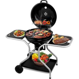 imageOutvita Kettle Charcoal Grill 22 inch Outdoor Barbecue Pit Grill Cart with 2 Side Tables for Patio Backyard Camping Picnic Cooking