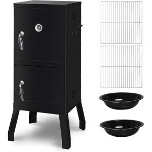 imageOutvita Outdoor Smoker with Double Doors Vertical Charcoal Smoker Outdoors Charcoal Barbeque with 2 Detachable Grill Netting Smoking Racks Suitable for Lawn Picnic Backyard BBQ Black