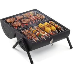 imageOutvita Portable Charcoal Grill with Thermometer DualSided Small Tabletop Barbecue Grill for Outdoor Camping BBQ Cooking Backyard Party Heavy Duty Easy Assembly Black15 x 11 x 15