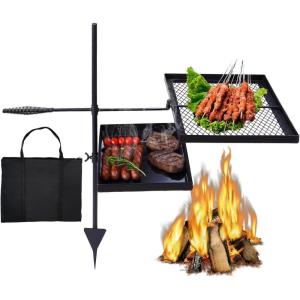 imageOutvita Swivel Campfire Grill Skillet Combo Portable Heavy Duty Camping Grill Grate with Height Adjustable Grill Grate and Grill Pan and Carry Bag Black