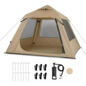 imageOutvita Inflatable Tents Easy Setup Blow Up Tent with Pump Waterproof Oxford Inflatable House for Camping Air Glamping Tent with Stove Jack Mesh Windows Storage Bag24 Khaki