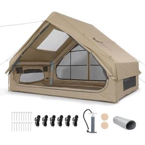 imageOutvita Inflatable Tents Easy Setup Blow Up Tent with Pump Waterproof Oxford Inflatable House for Camping Air Glamping Tent with Stove Jack Mesh Windows Storage Bag35 Khaki